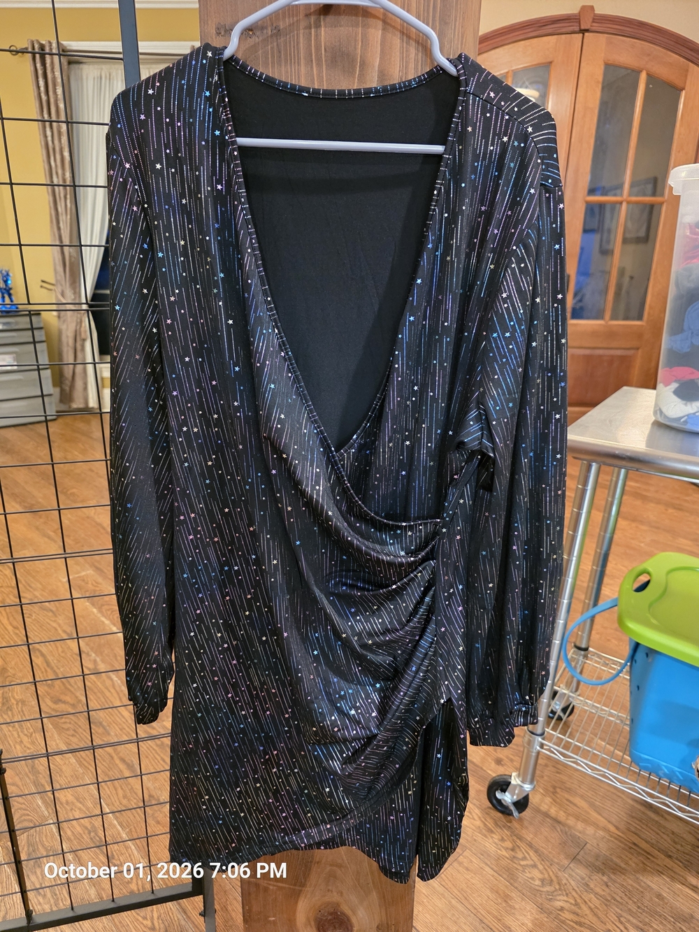 SHEIN Black Long Sleeve Draped Mini Dress with Iridescent Print XXL